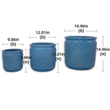 Set of 3 Flower Ceramic Flowerpot, Modern Planter for Patio, Garden, Windowsill - Antique Blue W3273P321480