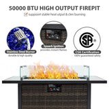Outdoor Fire Pit 50,000 BTU Propane Gas Fire Table with Lid Fireplace with Glass Wind Guard Wicker W213P266078