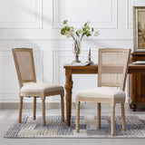 ZUN French Style Solid Wood Frame Linen Fabric Square Rattan Back Dining Chair,Set of 2,Cream W162290982