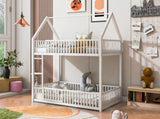 Metal Twin over Twin House Bunk Bed with Fence and Door, White N709P214091K