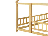 Full Size House Floor Wooden Bed with Roof Frame, Safety Guardrails,Natural W504P370560