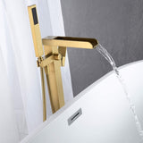 Bathroom Freestanding Waterfall Tub filler Brushed Gold Floor Mount Faucet with Hand Shower W122453939