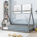Twin Tent-shaped Floor Bed, Teepee Bed with Guardrails, Slats,Grey W504119495