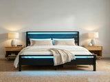 Full Size Metal Wood Platform Bed Frame, 3-Panel Black Wood Grain Headboard with LED Light & 14658083