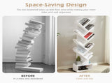 White Tree-Shaped Bookshelf, 10 Open Shelves & Foldable Fabric Drawer, Space-Saving Corner Design 35034916