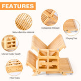Bamboo Dish Rack, 3-Tier Foldable Wood Dish Drying Rack for Kitchen Counter Space-Saving Organizer 64622063