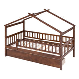 Twin Size Wooden House Bed with Two Drawers, Walnut WF302181AAL