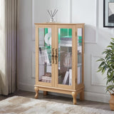 Elegant Light Oak Curio Cabinet with Tempered Glass Doors, LED Light, Mirrored Back Panel & W1758P290028
