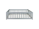 Queen Size Floor Bed with Fence,Door,Rubber Wood Floor Bed with Safety Guardrails,Grey W504P286386