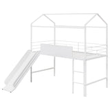 Metal House Bed With Slide, Twin Size Metal Loft Bed with Two-sided writable Wooden Board MF294384AAK