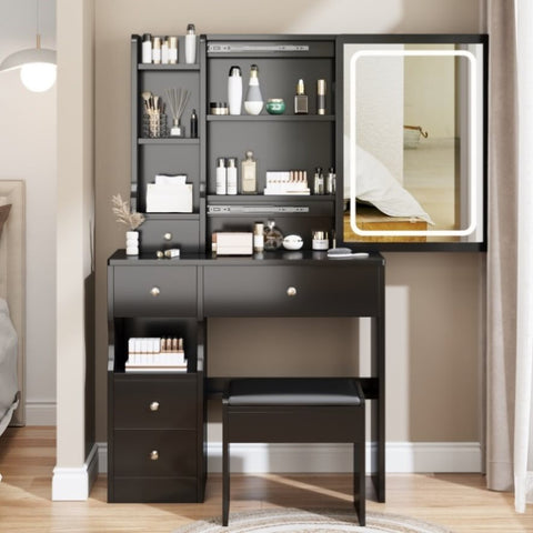 ZUN Left Drawer Desktop Vanity Table + Cushioned Stool, Extra Large Slide LED Mirror, Touch Control, W936P154654