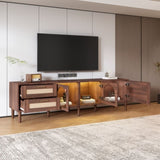 ZUN Rattan TV Stand with 3 Cabinets & 2 Drawers, Rattan-inspired Media Console Table for TVs up to 80'', WF324225AAP