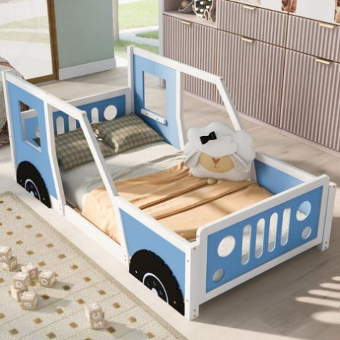 ZUN Twin Size Classic Car-Shaped Platform Bed with Wheels,Blue 97668107