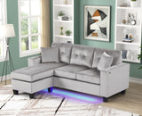 Sorenza 74"W Gray Velvet Reversible Sectional Sofa Chaise with LED Light, USB Port, Nailhead Trim, B061P284875