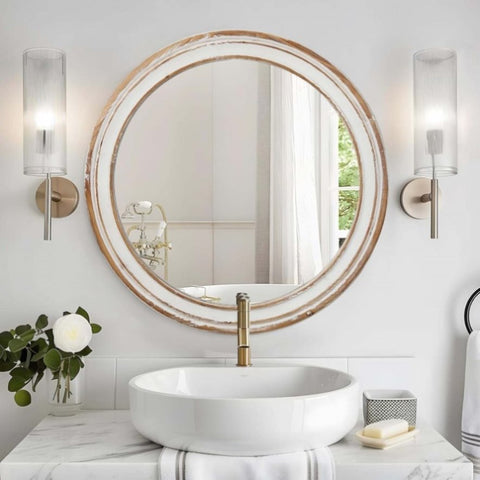 ZUN 23.62 inches Round Wall Mirror for Bathroom Vanity, Wooden Farmhouse Circle Mirrors for Bedroom, W2295P246678