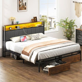 ZUN Queen Size Bed Frame Platform Bed Frame with Storage Drawers, USB Ports, LED Lights, W2889P205042