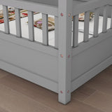 Full Size Floor Wooden Bed with House Roof Frame, Fence Guardrails,Grey W1858123988