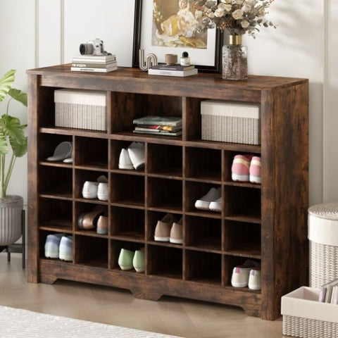 ZUN ON-TREND Sleek Design 24 Shoe Cubby Console, Modern Shoe Cabinet with Curved Base, Versatile WF309308AAP