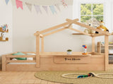 Full Size Floor Bed with Guardrails and Roof, Kids House Floor Bed with a Small Built-in Tray and W1580P396333