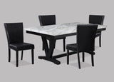 ZUN Modern White Faux Marble & Black Dining Room Rectangular Table V-Shape Trestle Design Wooden Base B011P191527