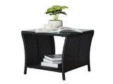 Outdoor Patio Wicker Side Table, Square End Table Bistro Coffee Table with Glass Top Storage Shelf 78280001