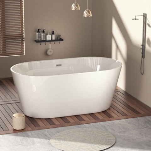 ZUN 60'' Freestanding Gloss White Acrylic Soaking Bathtub with Toe-Tap Chrome Drain and Classic Slotted W1920P155853
