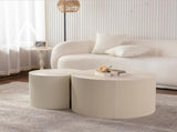 Round Coffee Table Handcrafted Relief Sturdy Pedestal Wooden Olive-Shaped Tea Table for Living Room W3081P255150