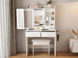 Small Makeup Vanity Desk with Mirror & Adjustable LED Lights,Built-in Power Outlet & Hidden Storage, W2699P296515