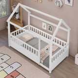 Twin Size Floor Wooden Bed with House Roof Frame, Fence Guardrails,White W1858123984