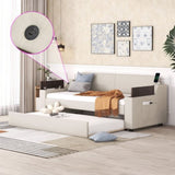 Twin Size Upholstery Daybed with Storage Arms, Trundle and USB Design, Beige 06512731