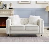 Beige, Two-seater Sofa, Velvet Crystal Buckle Upholstery Sofa, Crystal Feet, Removable Cushion, Two 93846557