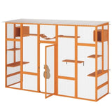 Wooden Cat Enclosure with 6 Jumping Platforms, 2 Cat Condos, Cat Bridge and Scratching Board, Orange W2181P198547