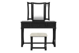 Unique Modern Bedroom Vanity w Stool Foldable Mirror Drawers Black Color MDF Veneer 1pc Vanity B011P354536
