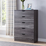 ZUN Modern grey five drawer clothes and storage chest faux wood grain and metal drawer glides B107P173225