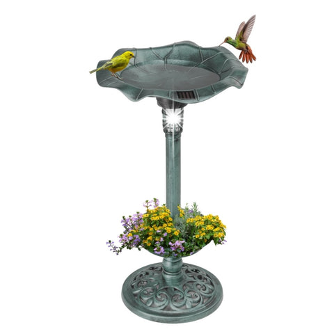 ZUN Outdoor Solar Lighted Pedestal Bird Bath Fountain Decoration with Planter and Feeder, Decorative 76357457