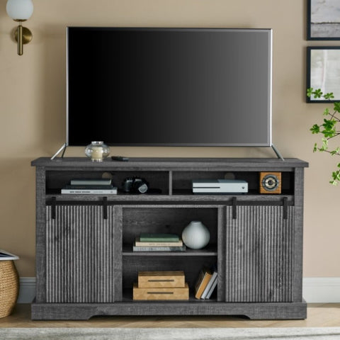 ZUN TV Stand for 65 Inch TV, Entertainment Center with Storage Cabinets and Sliding Barn Door, Mid W1781P268266