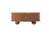 Round Fluted Coffee Table with Storage, Pine Solid Wood, Sliding Door, Walnut, 31.8" 90275322