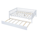 Full Size Wood Daybed with Trundle and Fence Guardrails, White WF301863AAK