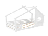 Twin House Floor Bed with Window and a Small Shelf, Solid Wood Floor Bed with House-shaped Roof, No W1580P362678