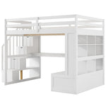 ZUN Full Size Loft Bed with Desk and Shelves, Two Built-in Drawers, Storage Staircase, White 35920794