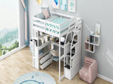 Full Size Loft Bed with Desk and Shelves, Two Built-in Drawers, Storage Staircase, White 48024197