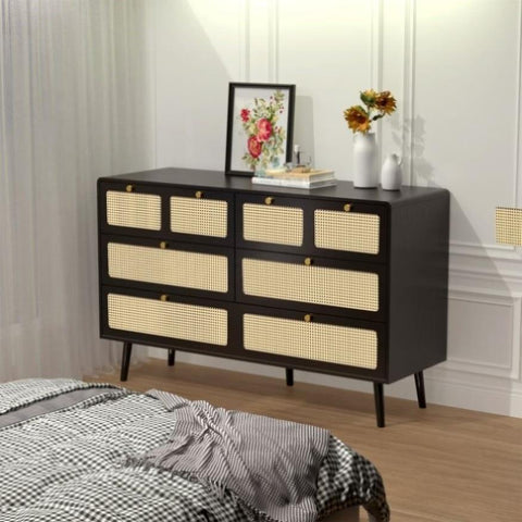 ZUN 6 Drawer Dresser, Modern Rattan Dresser Chest with Wide Drawers and Metal Handles, Farmhouse Wood 36488615