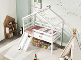 Twin Low Loft House Bed with Slide, Ladder, Safety Guardrails, House Roof Frame,White W504P145316