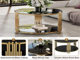 Modern Black Mirror Coffee Table, Asymmetrical Metal, Circular Metal Drum Base, Gold Finish & Lower N735P177478B