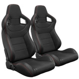 2PC New Universal Bucket Racing Seats Black Stitch Black PVC Leather Reclinable Carbon Look Leather W1739P301124