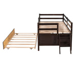 ZUN Low Loft Bed Twin Size with Full Safety Fence, Climbing ladder, Storage Drawers and Trundle Espresso WF312991AAP