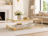 Modern Acrylic Leg Coffee Table, Double Layer Tempered Glass Top with Golden Metal Frame, W1727P194947