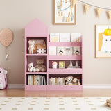 Pink Kids Wooden Bookshelf Toy Storage Organizer with Bookcase, Kid's Bin Storage Unit with 6 W2876P233556