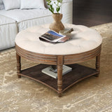 Large Round WaterProof Ottoman Coffee Table 2 Tier Oversized Button Tufted Ottoman with Wooden Shelf W1445P235089