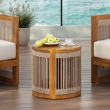 16.9" Acacia Wood Outdoor Side Table - Handwoven Rope Accent Boho Patio Table with All-Weather N767P314934A